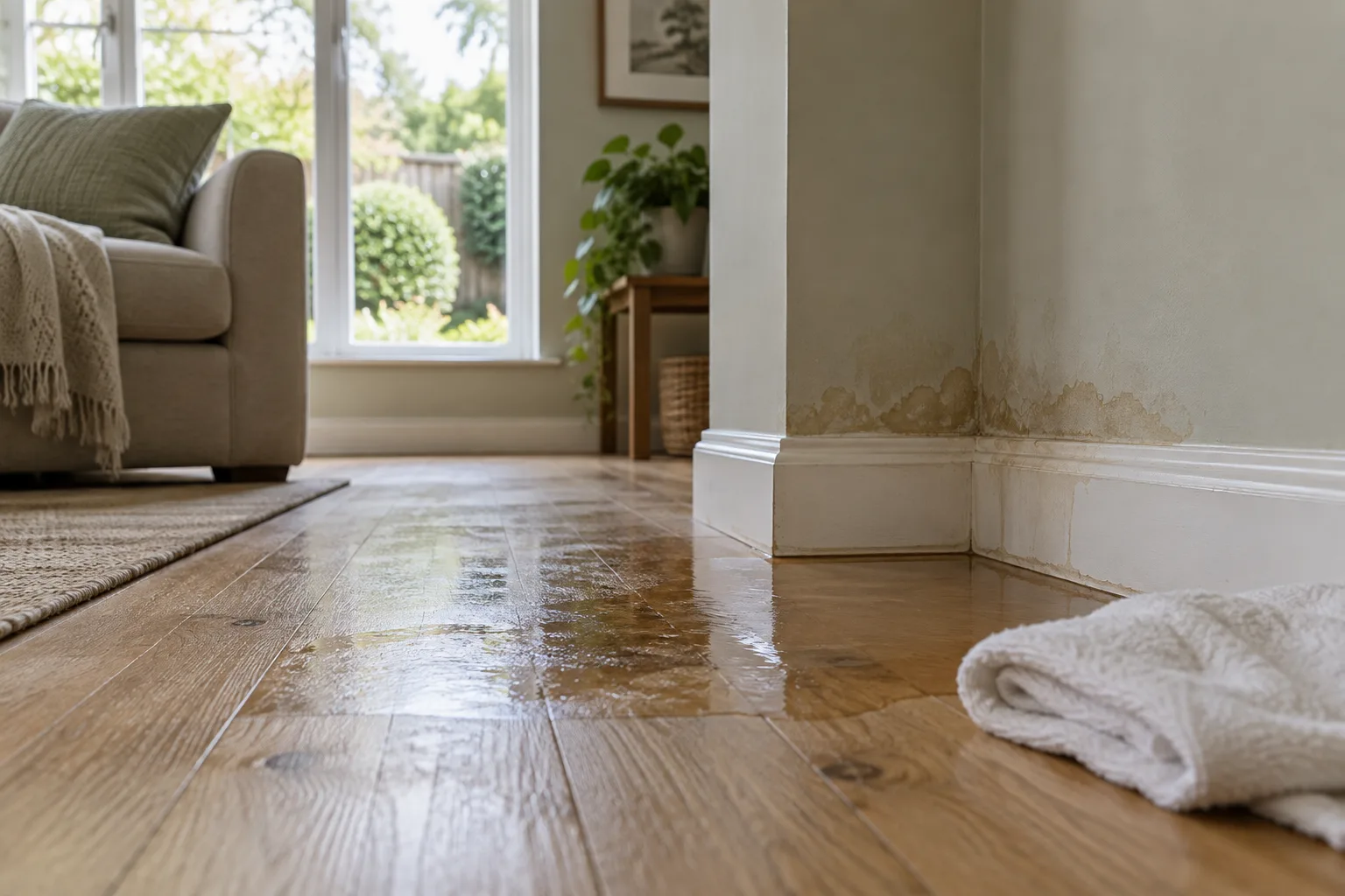 Illustration of a water-stained wall and wet wood flooring after a household leak