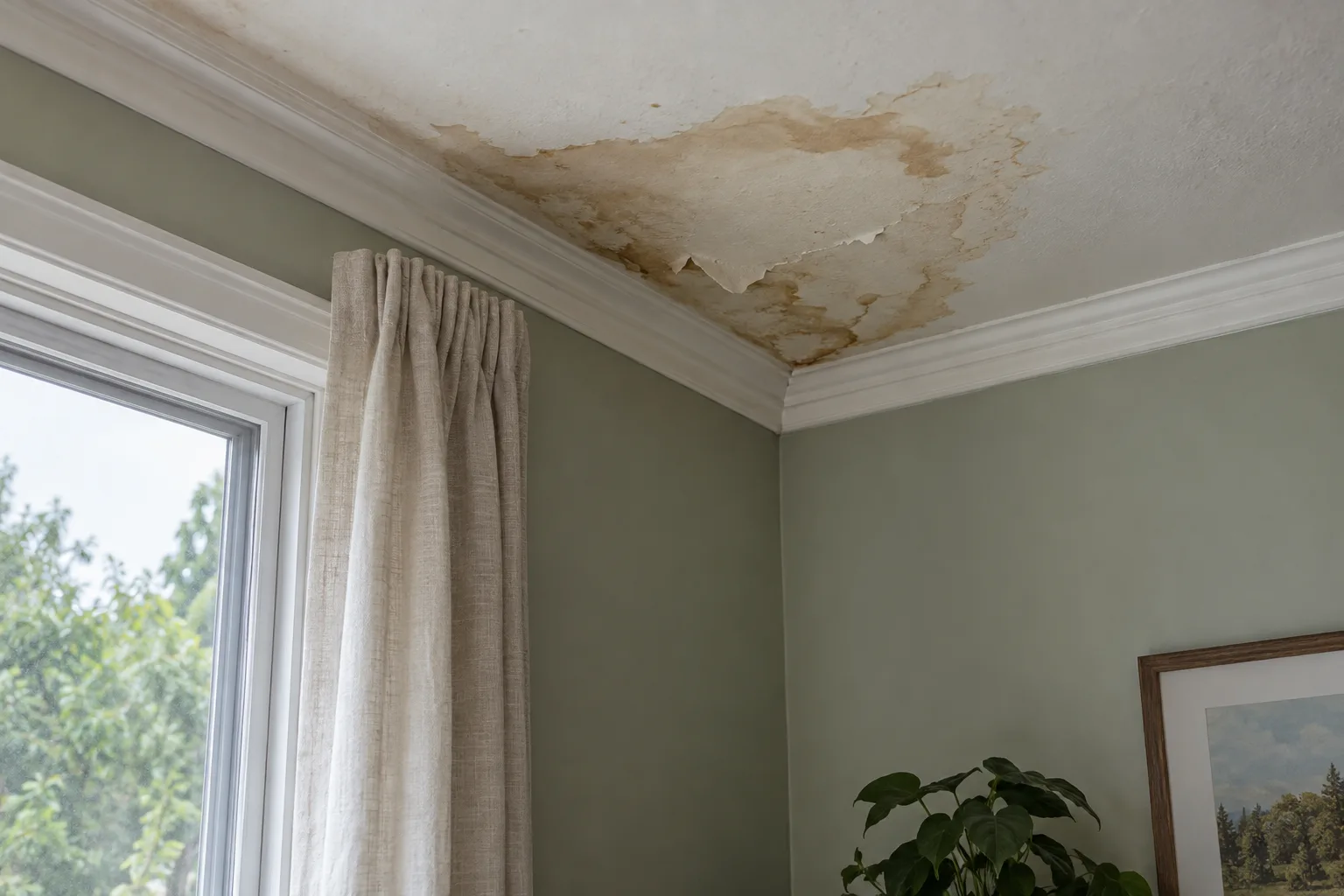 Illustration of a water stain on a ceiling beside a window